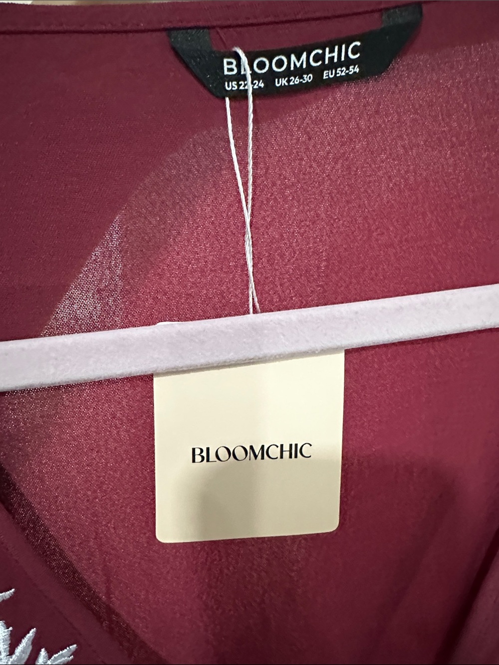 BloomChic Burgundy V-Neck Embroidered Ruffle Sleeve Dress - Picture 6 of 6